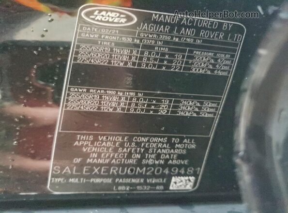 SALEXERU0M2049481 2021 LAND ROVER DEFENDER Черный Панорамный вид салона 360°
