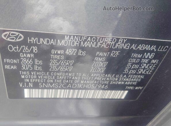 5NMS2CAD1KH057946 2019 HYUNDAI SANTA Серый Вид задней части салона