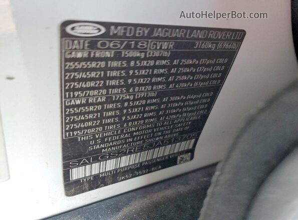 SALGS2RE5JA513705 2018 LAND ROVER RANGE White Vista interior de 360 grados