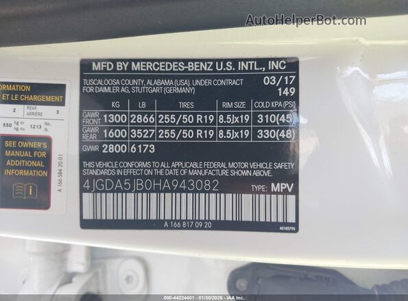 4JGDA5JB0HA943082 2017 MERCEDES-BENZ GLE 350 White ძრავის განყოფილების ხედი