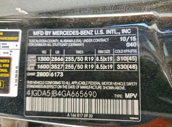 4JGDA5JB4GA665690 2016 MERCEDES-BENZ GLE Черный Вид наклейки с VIN-кодом