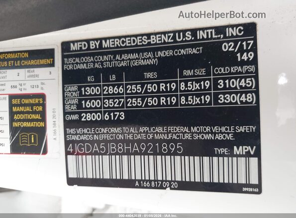 4JGDA5JB8HA921895 2017 MERCEDES-BENZ GLE 350 White Вид підкапотного простору