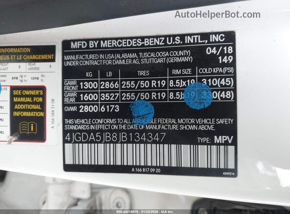 4JGDA5JB8JB134347 2018 MERCEDES-BENZ GLE 350 Белый Вид подкапотного пространства