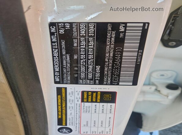 4JGDF6EE3GA644910 2016 MERCEDES-BENZ GL-CLASS Белый Вид наклейки с VIN-кодом