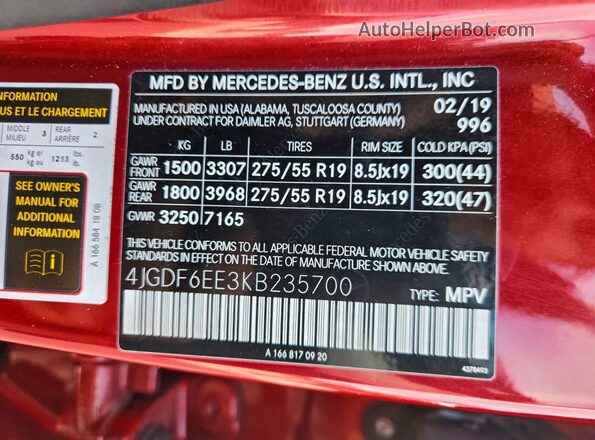 4JGDF6EE3KB235700 2019 MERCEDES-BENZ GLS Красный Вид наклейки с VIN-кодом