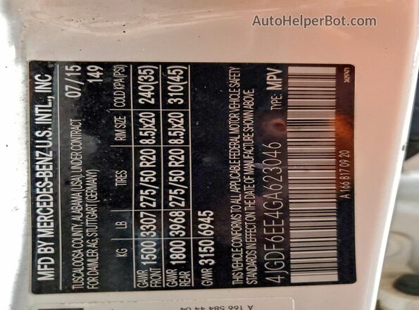 4JGDF6EE4GA623046 2016 MERCEDES-BENZ GL-CLASS White Widok naklejki z numerem VIN