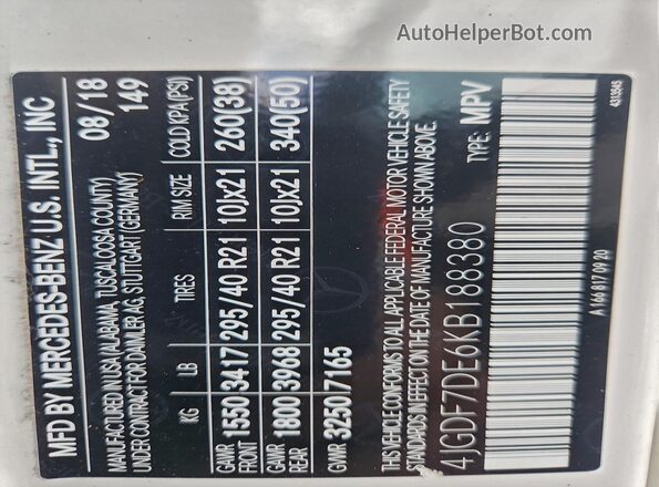 4JGDF7DE6KB188380 2019 MERCEDES-BENZ GLS Белый Вид наклейки с VIN-кодом