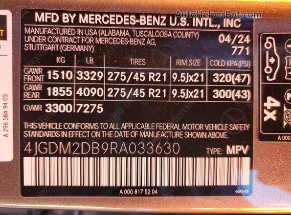 4JGDM2DB9RA033630 2024 MERCEDES-BENZ EQS Серый Вид наклейки с VIN-кодом