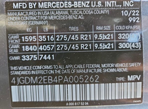 4JGDM2EB4PA005262 2023 MERCEDES-BENZ EQS Gray VIN sticker view