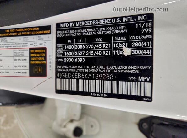 4JGED6EB6KA139288 2019 MERCEDES-BENZ GLE Белый Вид наклейки с VIN-кодом