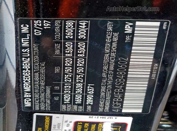 4JGFB4FB4SB480602 2025 MERCEDES-BENZ GLE Черный Вид наклейки с VIN-кодом