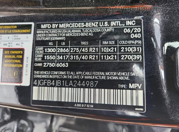 4JGFB4JB1LA244987 2020 MERCEDES-BENZ GLE Black Панорамний вид салону 360°