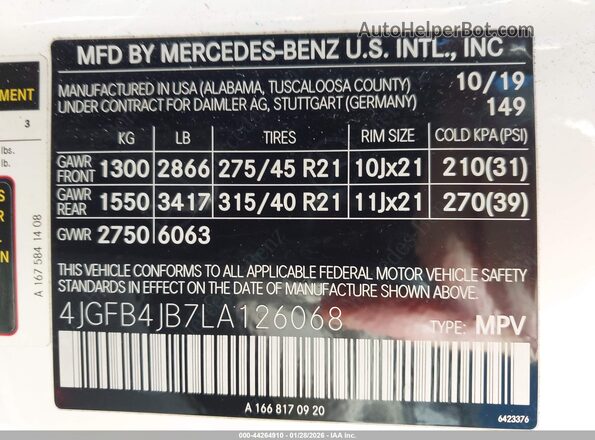 4JGFB4JB7LA126068 2020 MERCEDES-BENZ GLE 350 White Widok komory silnika