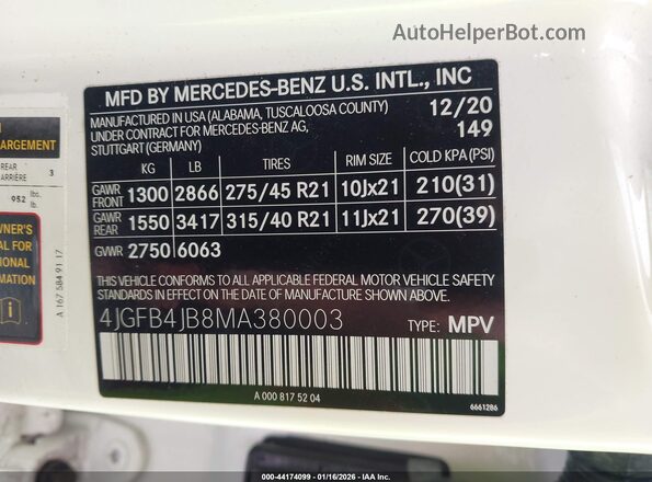 4JGFB4JB8MA380003 2021 MERCEDES-BENZ GLE 350 White ძრავის განყოფილების ხედი