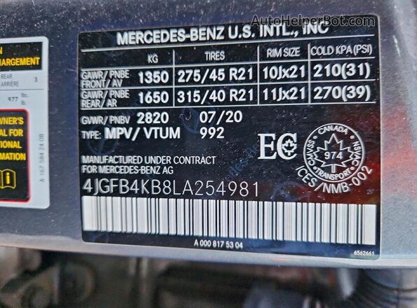 4JGFB4KB8LA254981 2020 MERCEDES-BENZ GLE Серый Вид наклейки с VIN-кодом