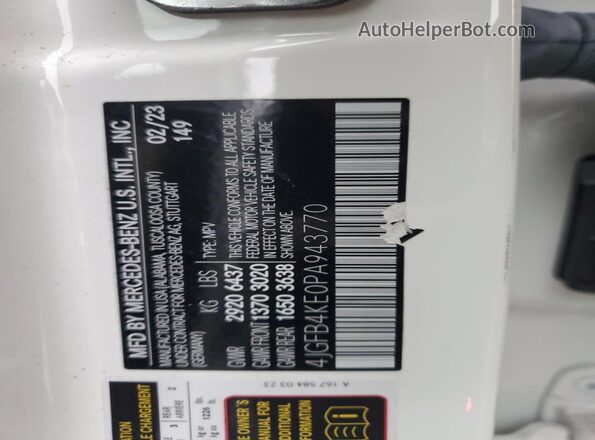 4JGFB4KE0PA943770 2023 MERCEDES-BENZ GLE Белый Вид наклейки с VIN-кодом