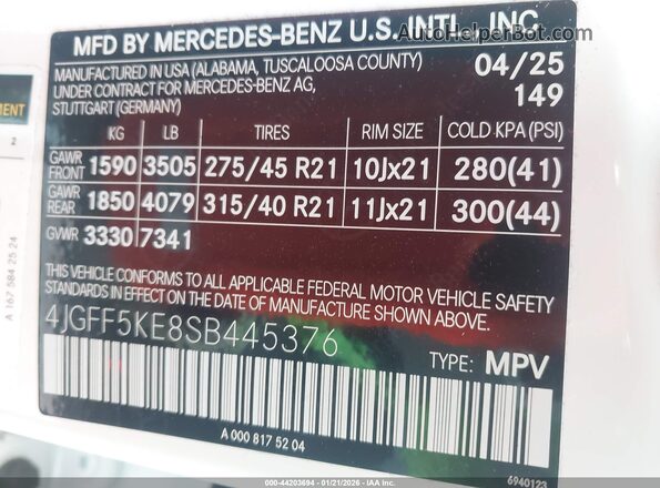 4JGFF5KE8SB445376 2025 MERCEDES-BENZ GLS 450 White Widok komory silnika