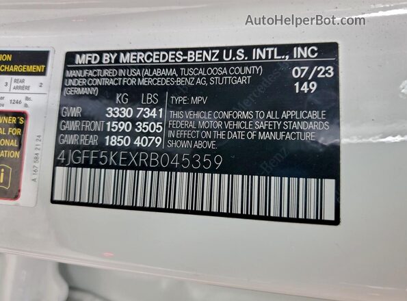 4JGFF5KEXRB045359 2024 MERCEDES-BENZ GLS White Vista de la etiqueta del VIN