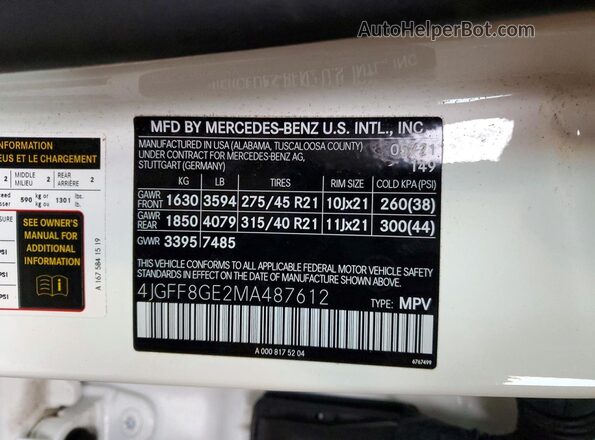 4JGFF8GE2MA487612 2021 MERCEDES-BENZ GLS Белый Вид наклейки с VIN-кодом