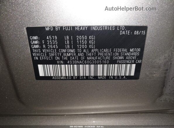 4S3BNAC60G3005160 2016 SUBARU LEGACY Beige ძრავის განყოფილების ხედი