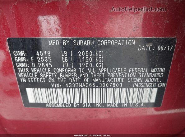 4S3BNAC65J3007803 2018 SUBARU LEGACY Red Engine compartment view