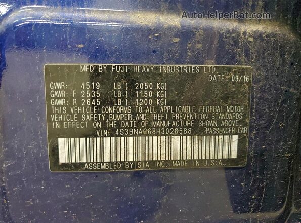 4S3BNAC68H3028588 2017 SUBARU LEGACY Blue Widok komory silnika