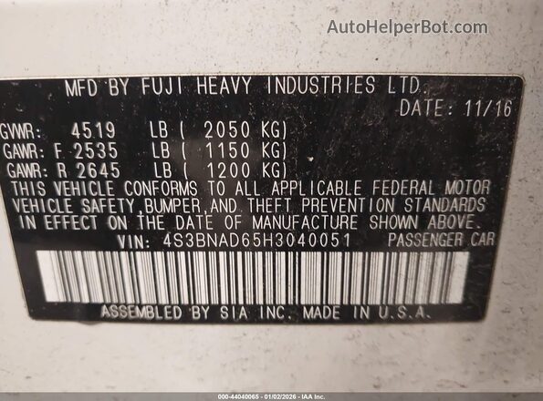 4S3BNAD65H3040051 2017 SUBARU LEGACY Белый Вид подкапотного пространства