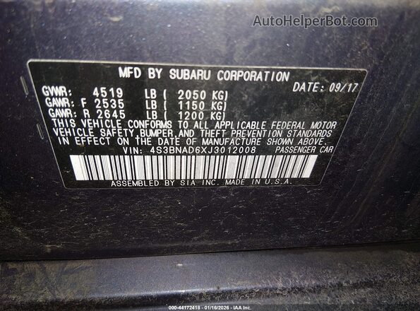 4S3BNAD6XJ3012008 2018 SUBARU LEGACY Blue Vista del compartimento del motor