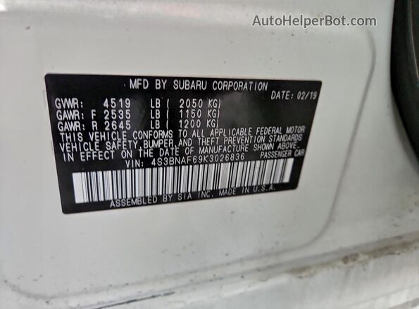 4S3BNAF69K3026836 2019 SUBARU LEGACY Белый Вид наклейки с VIN-кодом