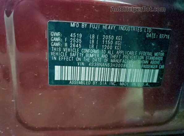4S3BNAN63H3008634 2017 SUBARU LEGACY Темно-бордовый Вид подкапотного пространства
