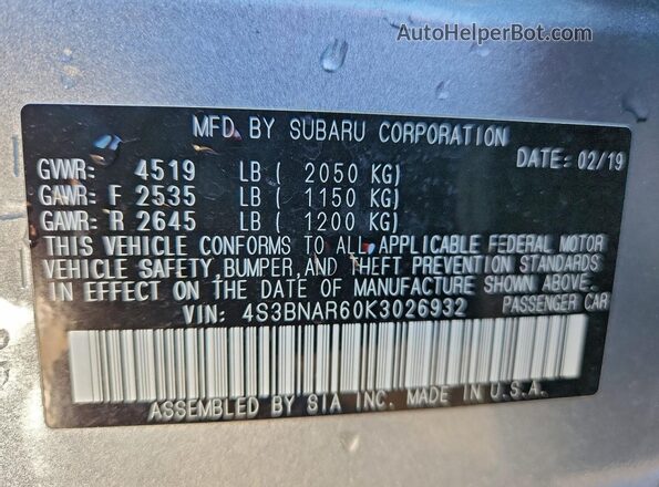 4S3BNAR60K3026932 2019 SUBARU LEGACY Серебряный Вид подкапотного пространства
