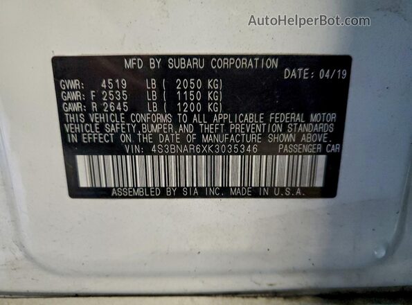 4S3BNAR6XK3035346 2019 SUBARU LEGACY Белый Вид наклейки с VIN-кодом