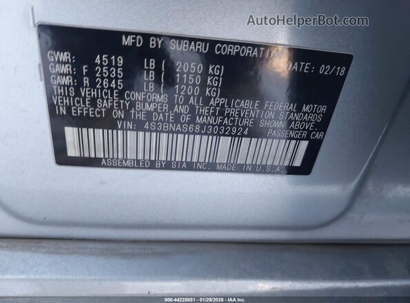 4S3BNAS68J3032924 2018 SUBARU LEGACY Серебряный Вид подкапотного пространства