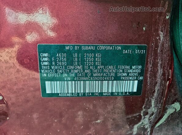 4S3BWAC65N3004659 2022 SUBARU LEGACY Красный Вид подкапотного пространства