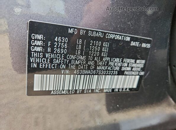 4S3BWAD67S3033235 2025 SUBARU LEGACY Gray Вид підкапотного простору