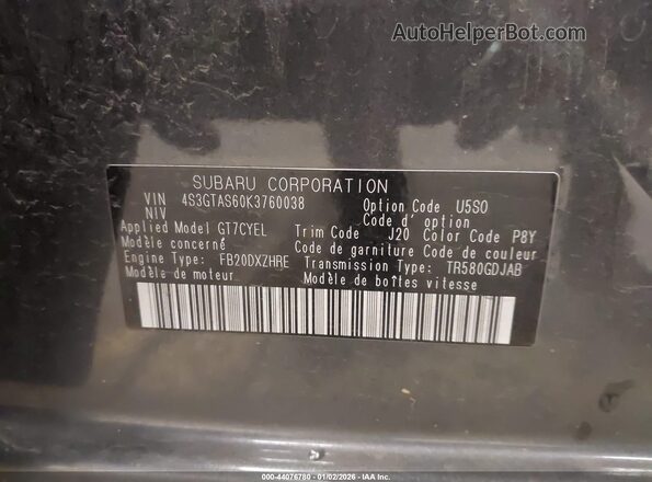 4S3GTAS60K3760038 2019 SUBARU IMPREZA Pewter Widok komory silnika