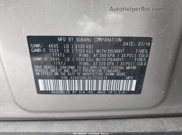 4S4BSABC5K3395614 2019 SUBARU OUTBACK Beige Widok komory silnika