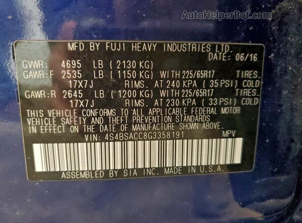 4S4BSACC8G3358191 2016 SUBARU OUTBACK Синий Вид наклейки с VIN-кодом