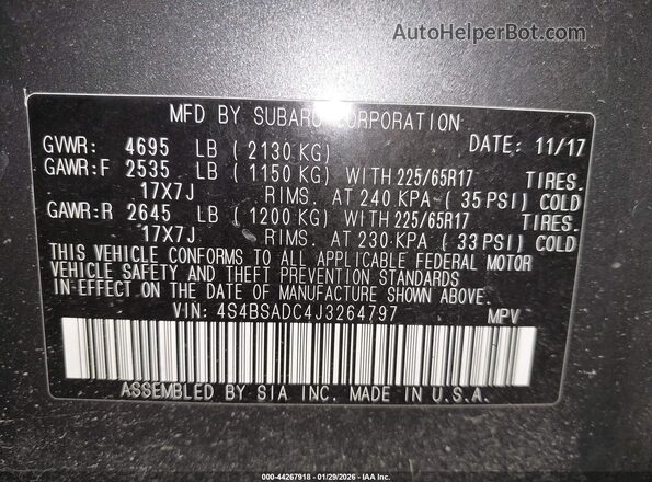 4S4BSADC4J3264797 2018 SUBARU OUTBACK Серый Вид подкапотного пространства
