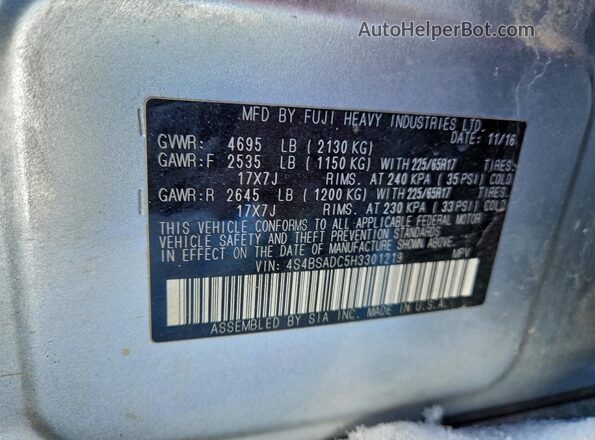 4S4BSADC5H3301219 2017 SUBARU OUTBACK Silver Widok naklejki z numerem VIN