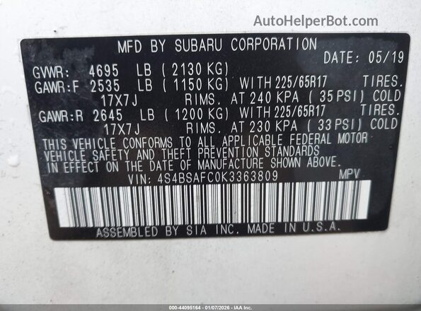 4S4BSAFC0K3363809 2019 SUBARU OUTBACK White Vista del compartimento del motor
