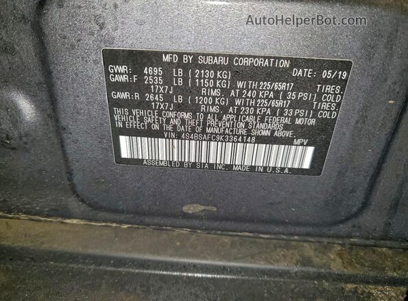 4S4BSAFC9K3364148 2019 SUBARU OUTBACK Gray 360 interior view
