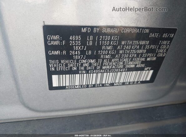4S4BSAKC5J3365401 2018 SUBARU OUTBACK Серебряный Вид подкапотного пространства