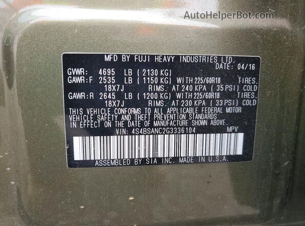4S4BSANC2G3336104 2016 SUBARU OUTBACK Зеленый Вид подкапотного пространства