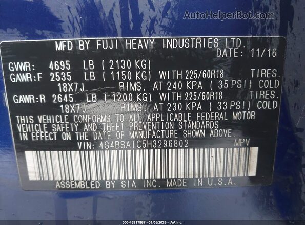 4S4BSATC5H3296802 2017 SUBARU OUTBACK Синий Вид подкапотного пространства