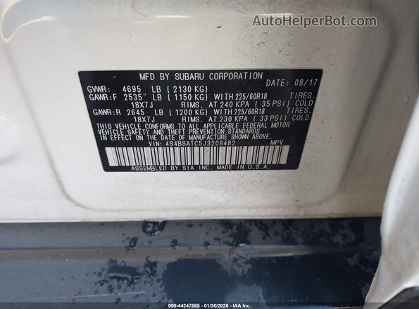 4S4BSATC5J3208482 2018 SUBARU OUTBACK Белый Вид подкапотного пространства