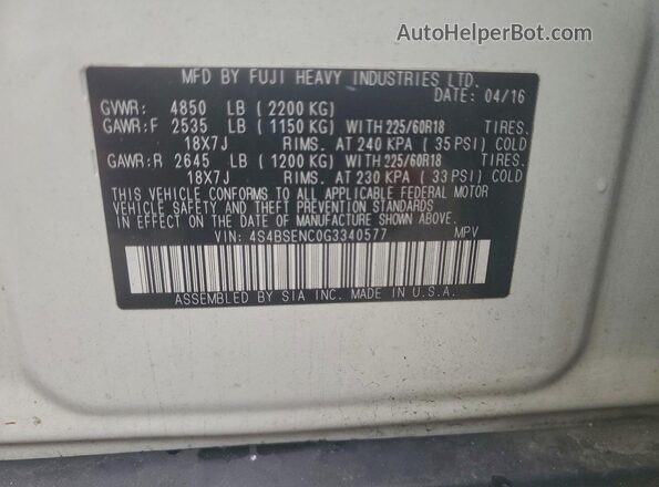 4S4BSENC0G3340577 2016 SUBARU OUTBACK Белый Вид наклейки с VIN-кодом
