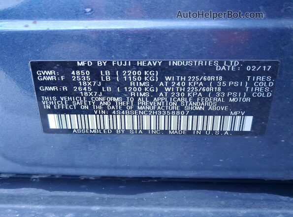 4S4BSENC2H3358807 2017 SUBARU OUTBACK Blue Вид наклейки з VIN-кодом
