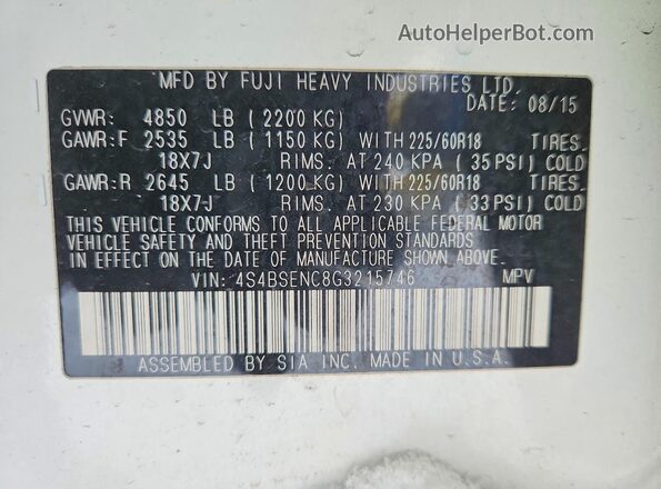 4S4BSENC8G3215746 2016 SUBARU OUTBACK Белый Вид наклейки с VIN-кодом