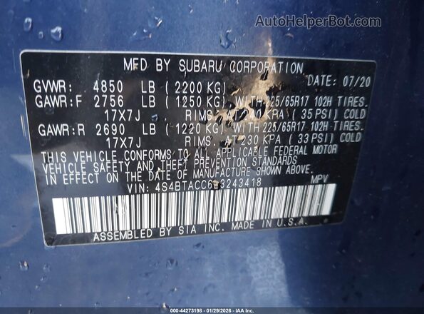 4S4BTACC6L3243418 2020 SUBARU OUTBACK Синий Вид подкапотного пространства